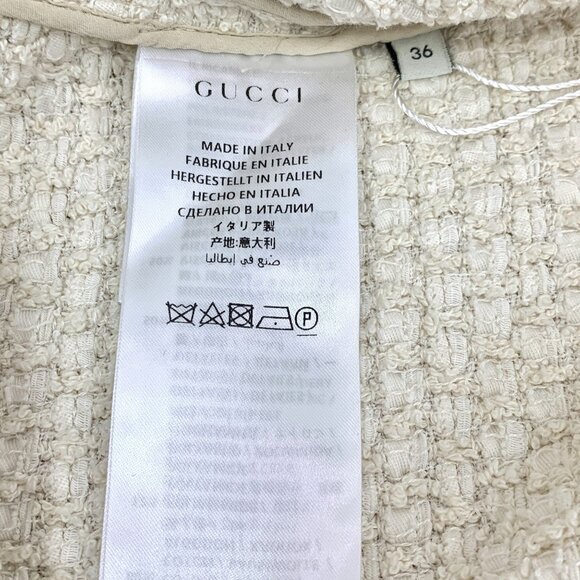 Gucci Beige Red & Navy Striped Tweed V-Neck Coat Pearl Clasp Detailing Cotton Bl - Picture 4 of 7